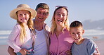 Family, face and laughing at beach, hug and trust on trip to tropical island for bonding. Parents, happy kids and outdoor for embrace in relationship, portrait and travel on ocean holiday for peace