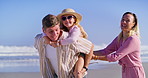Family, beach and walking with vacation fun with parents, children and together on summer trip. Holiday, love and support of happy people with care, piggyback and youth with bonding on break in Miami
