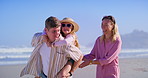 Family, beach and piggy back on vacation with parents, children and fun together on summer trip. Holiday, love and support of happy people with care, walking and laugh with bonding on break in Miami