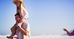 Parents, girl and shoulder ride at beach with fun, bonding and support in Mauritius. People, family and happy or smile at ocean for summer vacation, break and relax with excitement for child growth