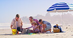 Family, beach and building a sandcastle on vacation, love and laughing together for humor in nature. Parents, children and playing games with sand on trip, outdoor and funny conversation with toys