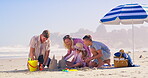 Family, ocean and building a sandcastle on holiday, love and laughing together for humor in nature. Parents, children and playing games with sand on vacation, outdoor and funny conversation with toys