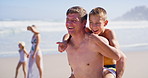 Water, pointing and family in vacation, outdoor and children with parents, happy and journey for bonding. Beach, people and kids in holiday, mom and dad with youth, travel and adventure in weekend