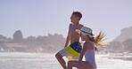 People, children and happy at beach with running for fun, bonding and support in Bali. Siblings, kids and smile or excited with playing ocean on summer holiday, adventure and break to relax and love