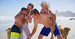 Playing, fun and family in vacation, beach and children with parents, happy and travel for bonding. Outdoor, people and kids in holiday, mom and dad with youth, relax and adventure in weekend
