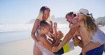 Parents, kids and happy at beach with playing for fun, bonding and support in Bali. People, family and smile or excited with care at ocean on summer holiday, adventure and break to relax and love