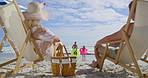 Sea, wave and family fun with kids, beach chair and come here gesture and outdoor in sun. Happy, vacation and travel with love, support and care with playing by ocean on summer holiday in Miami