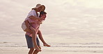 Conversation, love and piggyback with couple on beach together for honeymoon holiday, travel or vacation. Anniversary, love or walking with man and woman outdoor in nature for adventure or bonding