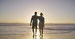 Beach, freedom and couple hug for romance, honeymoon and travel with fun walk and summer love. Woman, man and sea for date with sunset back, adventure or happy bonding and joy on Miami holiday