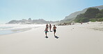 Above, parents and children running on beach outdoor for summer vacation, tropical journey and bonding together. Family, kids and energy on ocean with holiday fun, morning walk and travel adventure