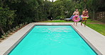 Holiday, happy or couple by swimming pool for bonding, vacation or weekend in summer. House backyard, walking or people with inflatable floaters for outdoor travel, hotel or honeymoon in Australia