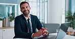 Face, businessman and accountant with laptop in office, financial investment and information. Portrait, happy person and male auditor with tech for finance research, review revenue and typing report