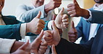 Thumbs up, group and business people in office with approval, ok or satisfaction for investment deal. Emoji, finance and team of financial managers with agreement hand gesture for profit or revenue.