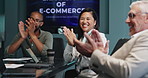 Clapping hands, meeting and business people in office with achievement, target or goal for ecommerce. Applause, happy and team of supply chain managers in discussion for company growth with planning.