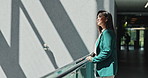 Thinking, idea and businesswoman in hotel for travel at magazine publishing conference. Planning, brainstorming and female creative journalist at convention center with ambition for startup company.
