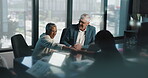 Deal, handshake and meeting with business people in boardroom of office for collaboration. Agreement, b2b and partnership with employee team in workplace together for acquisition, merger or success