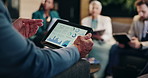 Tablet screen, hands and presentation with business people in office for finance charts or graphs analysis. Meeting, discussion and speaker with technology for company revenue or profit forecasting.