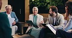 Collaboration, meeting and tablet with business people in lobby of office for discussion or planning. Documents, conversation and group with employee people in workplace for report or research