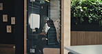 Laptop, business woman and office pod for privacy, concentration or productivity boost. Soundproof booth, worker or open door of focus space for quiet area, noise reduction or distraction on computer