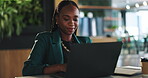 Cafe, black woman and business with laptop for remote work, finance information and smile for typing. Coffee shop, freelancer and financial advisor with tech for risk management, research and report