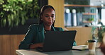 Cafe, black woman and typing with laptop for remote work, finance research and smile for information. Coffee shop, freelancer and financial advisor with tech for risk management, business and report