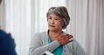 Shoulder pain, physiotherapy and advice with old woman in clinic for medical history, joint and healing. Consulting, treatment plan and rehabilitation with patient for tablet and physical therapy