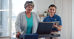 Treadmill, physiotherapy and consulting with old woman in clinic for heart rate, monitor and fitness report. Rehabilitation, cardio health stats and tablet with people for monitor and patient results