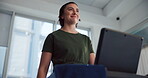 Workout, woman and walking on treadmill in home for cardio exercise, fitness challenge and burning calories. Low angle, athlete and smile on machine for weight loss progress, healthy body or training