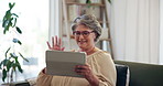 Tablet, greeting and senior woman on video call for internet communication, talking and welcome home. Technology, wave and person in virtual chat for online conversation, hello gesture and retirement