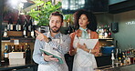 Tablet, team and checklist with people in cafe for seating plan, restaurant review and small business update. Customer experience, critic and menu rating with man and woman in coffee shop for app