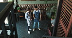 Restaurant, team and men in discussion with tablet for table order, planning inventory and top view. Cafe, waiters and together with technology for sales, stock or brainstorming menu ideas in startup
