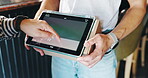 Box, signature and tablet screen with hands of people at work for delivery, ecommerce or stock. Logistics, shipping or supply chain with courier and customer closeup in coffee shop for retail