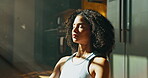 Yoga, meditation and woman with breathing in home for holistic wellness, mindfulness and awareness. Calm, african person and zen in apartment for spiritual healing, stress relief and align chakra