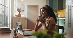 Tea, smell or calm woman in home to relax on break for cup scent, remote work or satisfaction. Freelancer, laptop or female person drinking warm beverage, cappuccino or coffee for ideas inspiration