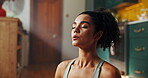 Girl, calm and yoga in home for meditation, breathing exercise and wellness in morning. Fitness woman, zen and mindfulness in lounge for stress management, spiritual healing and peace to align chakra