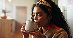 Tea, drinking or calm woman in home on break with cup, peace or satisfaction to relax. Reflection, nostalgia and person enjoying warm caffeine beverage, cappuccino or coffee for ideas inspiration