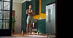 Yoga, girl and meditation with praying hands in home for holistic wellness, stretching and mindfulness. Yogi, person and pilates exercise on mat with awareness, peaceful zen and mental health workout