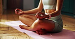 Girl, hands and lotus in home for yoga, wellness and meditation for spiritual healing. Woman, peace and position in living room for pilates, zen and calm to align chakra with asana for posture