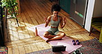 Yoga, content creator and woman with laptop in home for workout videos, online tutorial and lesson. Influencer, trainer and person on computer wave for fitness, exercise and pilates subscription