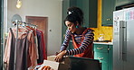 Label, boxes or woman on laptop for small business, website orders or address logistics. Clothes package, writing or fashion designer with mobile for talking, startup management or export schedule