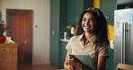 Happy, tablet and face of woman in home for online course, internet or research for college. Apartment, elearning and portrait of girl on digital tech for website, student application or education