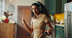 Dance, headphones and student with woman at home with laptop for streaming, college success and happy. Excited, University scholarship and energy with person in apartment for music, online and sound