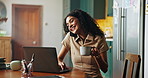 Woman, phone call and coffee in home for remote work, schedule update and make appointment on laptop. Writer, tech and happy in living room for book release date, planning story and article feedback