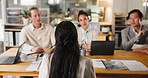 Business woman, interview and meeting with team for hiring, recruitment or job hunting. Hr, candidate and talk to manager in office for internship opportunity, vacancy and back for salary negotiation