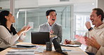 Applause, collaboration and meeting with business people in office boardroom together for strategy. Fist pump, laptop and tablet with happy employee team clapping at work for achievement or success