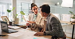 Business people, files and talking with team in office for insurance, financial coverage and strategy. Document, collaboration and discussion with manager brainstorming ideas for planning policy