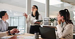 Business woman, tablet and presentation with group for insurance, finance and risk management. Technology, speaker and discussion of ideas in meeting, training and brainstorming policy in office
