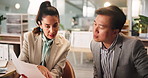 Business people, paperwork and talking with team in office for insurance, financial coverage and strategy. Document, collaboration and discussion with manager brainstorming ideas for planning policy
