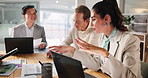 Business people, laptop and manager brainstorming with group for insurance data, stats and analysis. Computer, collaboration and discussion of ideas, financial charts and planning policy in meeting