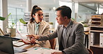 Business people, document and talking with team in office for insurance, financial coverage and strategy. Paperwork, collaboration and discussion with manager brainstorming ideas for planning policy